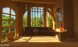 a couch and window in a room with a painting on the wall,a living room with a view of the trees