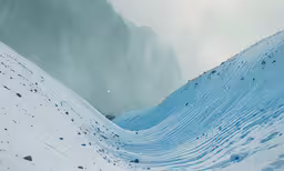 some snow hills with a foggy sky and trees,the photo is taken on top of the snowy mountain