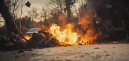 a fire burns as people walk by it
