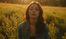 a young woman sits in a field on her cellphone