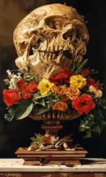 a skull with a bouquet of flowers on a vase