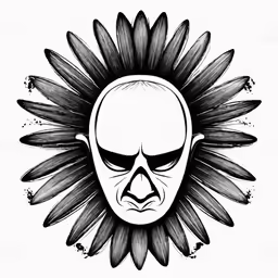 the face of a skeleton wearing an orange sunflower as a head
