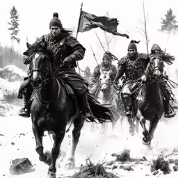three men are on horses with uniforms that are black and white