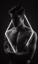 a young man standing in front of a dark background