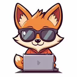 a red fox wearing sunglasses sitting in front of a laptop computer