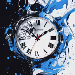 a white and blue clock is in the middle of blue water