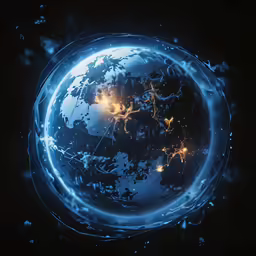 a night scene with earth from space, glowing and surrounded by fire
