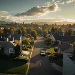 view of an aerial housing estate at sunset