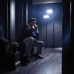 a man in a suit sits on a chair with one hand on his face
