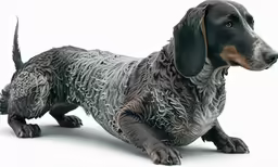 a dog with wet fur sits and looks away
