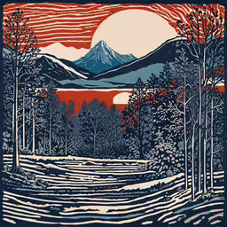 a snowy field with a forest and mountain range in the distance,a painting on paper of a mountain range