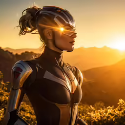 a woman in a bike suit with the sun setting