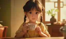 the young girl is holding up her cup
