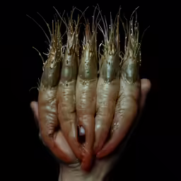 several shrimp on their left hands with tiny, brown tentacles