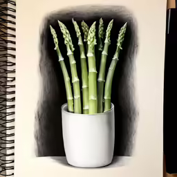 some green stalks are in a white vase