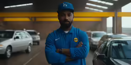 a man in a blue jacket and hat is standing in a parking garage