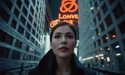 a woman stands in the city by some tall buildings