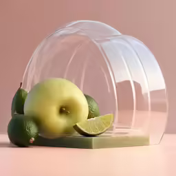 some limes and some apples sitting inside of a glass container