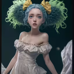a fake doll dressed in white dress with green hair