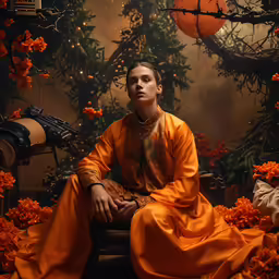 a man wearing a traditional costume is sitting on a bench in a forest filled with orange flowers
