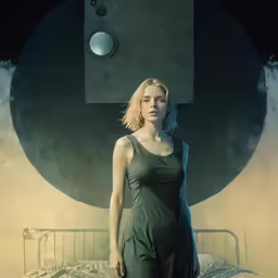 a woman standing in front of a bed