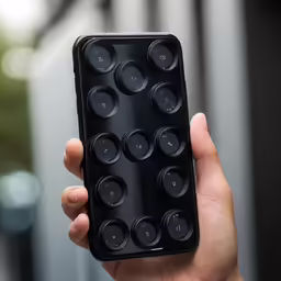 hand holding a black cell phone with eight cases on it