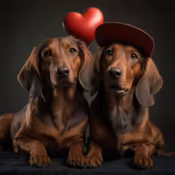 two brown dogs with a red heart and nose
