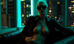 a sexy blonde woman with no shirt and sunglasses