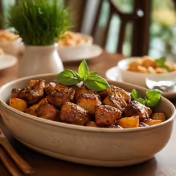 a dish of meat and potatoes on a dining table