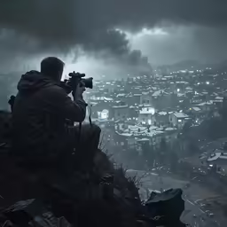 a man is looking at the city in the distance