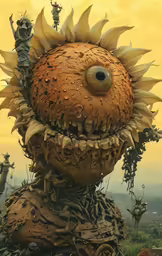 an alien with big eyes and horns near a grassy area