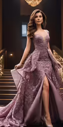 woman with brown hair and long dress holding white bag walking down a set of stairs