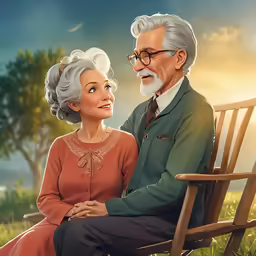 an older couple sitting on a bench next to each other