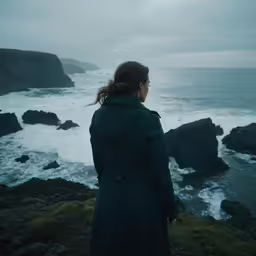 a woman standing near the ocean looking out at the water