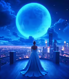 the woman in the white dress is looking out over the city at a big moon