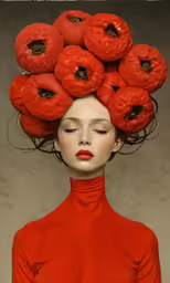 woman with donuts on her head looking upward