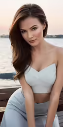 a woman sitting on a bench next to the ocean