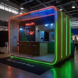 the building has a green, red and blue lighted booth