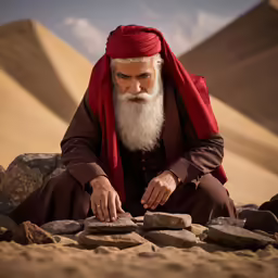 an older man sits in the sand with rocks