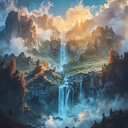 an artwork showing a waterfall and mountains in the sky