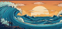 a drawing of the ocean and mountains with people standing on it,a painting with an orange sunset and blue waves