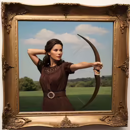 a painting of a woman holding her bow and arrow with the background of a grassy field