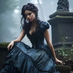 a beautiful woman in a blue dress sitting on a wall,a girl is in the forest with her hand on her knees