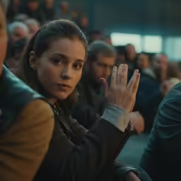 a close up of people with a woman holding their hands