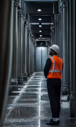 a man in safety gear walking down a hallway
