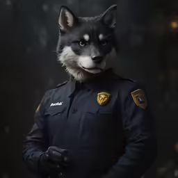 a police wolf in uniform with his hands in the pockets