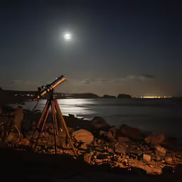 an astronomical telescope overlooking the water and a full moon