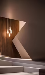 a large room with a couch and some lights