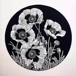 a large black and white circle drawing of flowers,some flowers on a black circle with white background