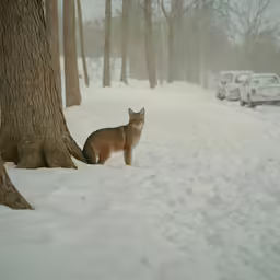 the fox is standing in the snow by the tree